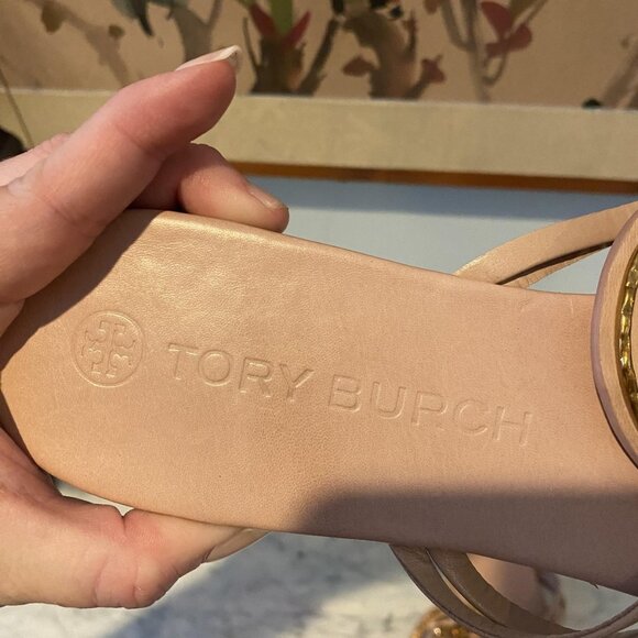 Tory Burch Jeweled Miller Logo Sandals Womens Size 11 Pink Thong Leather Shoes - Picture 5 of 8